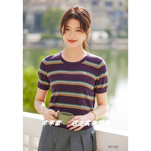 妮弗曼681392莱赛尔天丝女针织衫2025夏圆领短袖条纹凉爽套头T恤