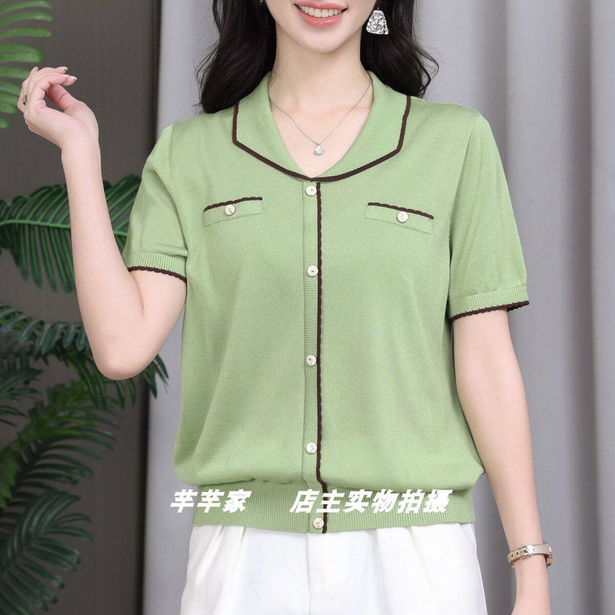 咏之澜Y-201333莱赛尔针织衫2025夏季翻领短袖纯色妈妈装薄T上衣