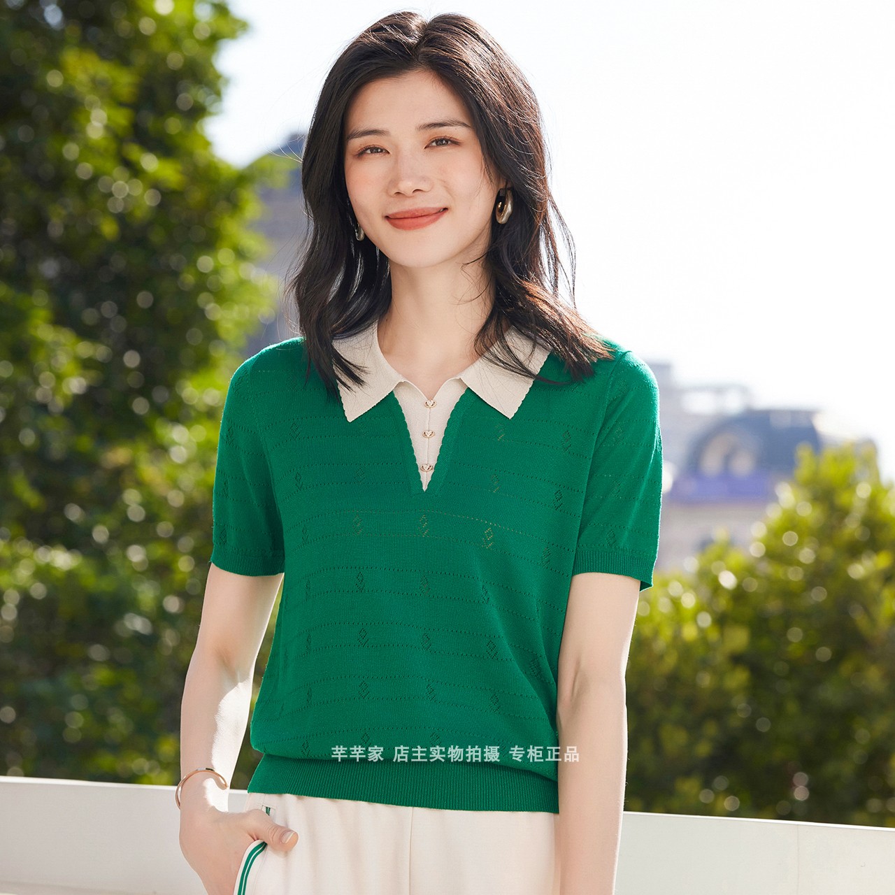 妮弗曼681230莱赛尔针织衫2024夏款翻领短袖镂空套头女装薄T上衣