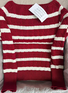Brandy Girl BM官网美式复古红白条纹麻花一字领毛衣bm针织衫上衣