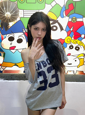 Brandy Girl BM新款美式复古纯色斜肩露肩33短袖T恤bm休闲上衣女