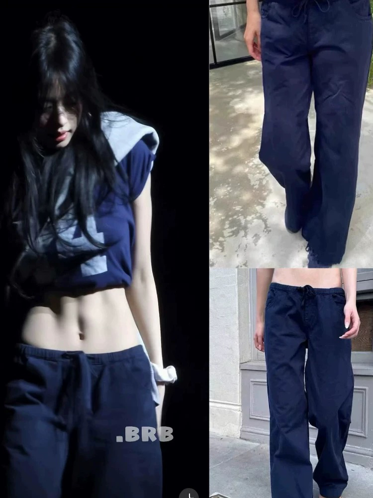 Brandy bm郑雅娴同款藏蓝色低腰抽绳休闲裤直筒裤美式街头辣妹女
