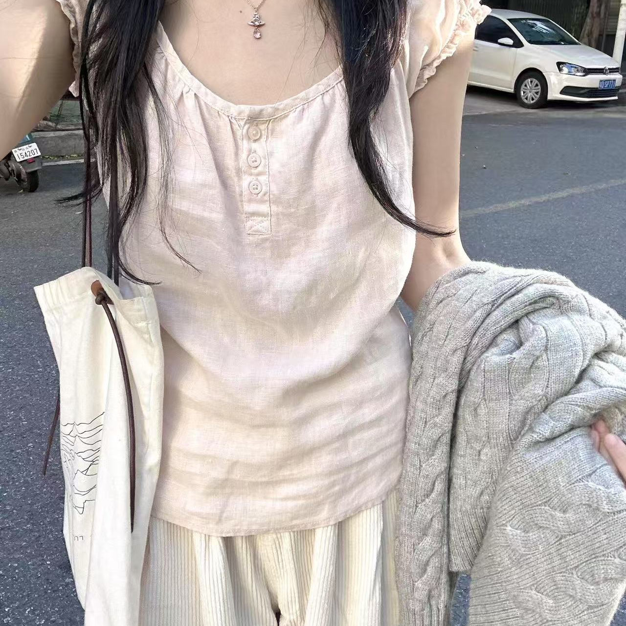 BM官网美式复古甜美粉色亚麻泡泡袖短袖上衣女bm百搭显瘦减龄T恤