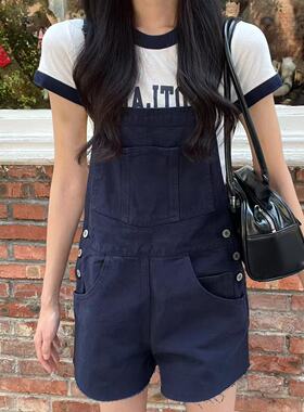 Brandy girl BM背带裤美式复古藏蓝毛边口袋牛仔背带裤bm百搭短裤