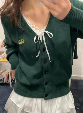 Brandy Girl BM官网美式复古V领针织开衫bm宽松休闲白色上衣毛衣