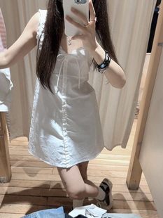 BM官网白色花边领收腰系带吊带连衣裙bm少女感修身短裙子小白裙