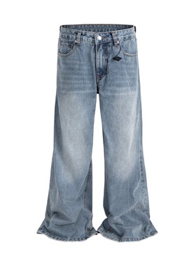 巴黎风格水洗后跟刀割水洗蓝色竹节棉宽松微喇叭褶边设计牛仔裤男