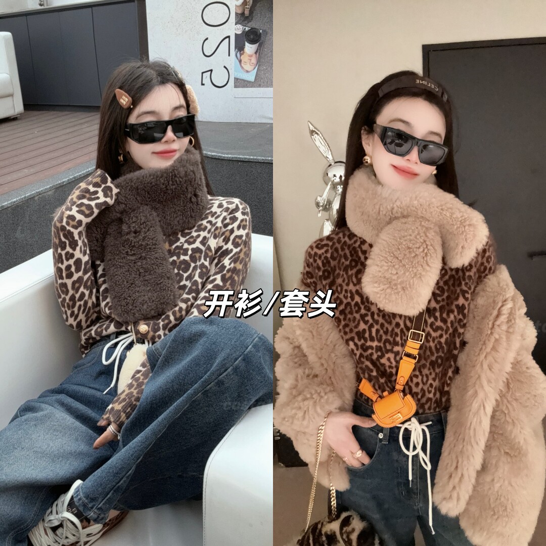 ccstations豹纹圆领山羊绒/开衫100%绵羊毛毛衣