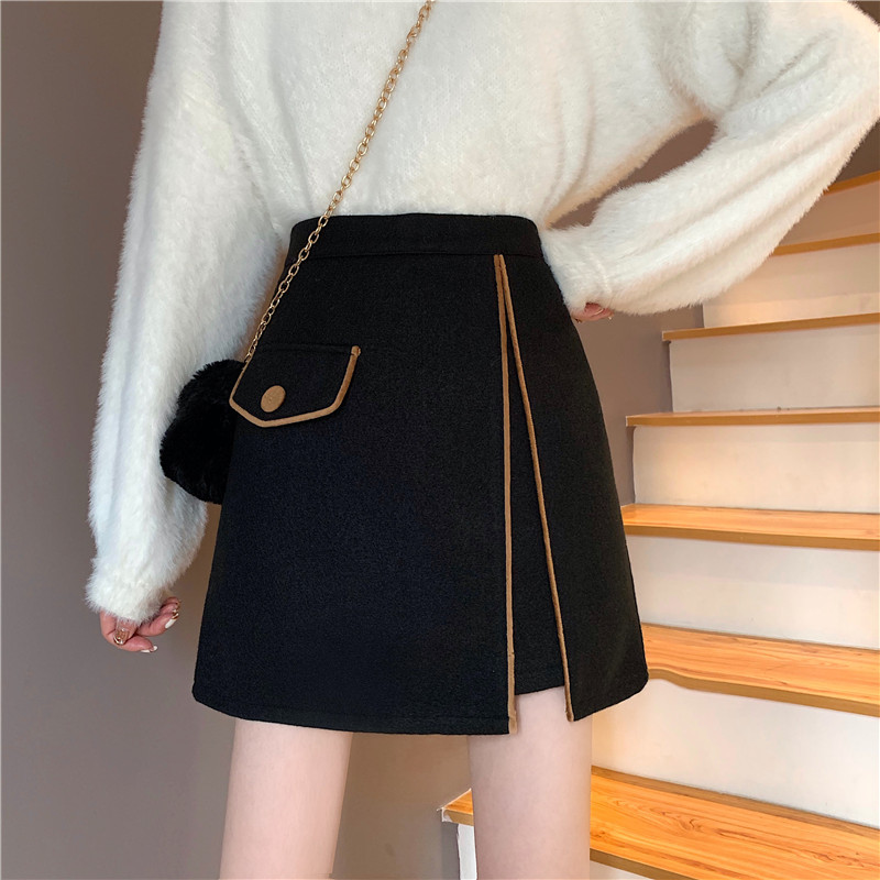 Real shot xiaoxiangfeng thickened tweed skirt women's Korean high waist A-line skirt irregular skirt with lining