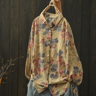 新款 女2025秋季 宽松系扣上衣 衬衫 默念文艺森女印花翻领棉质长袖