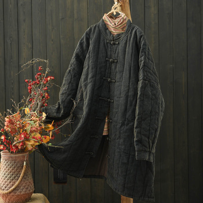 亚麻做旧盘扣夹棉中长棉服棉衣