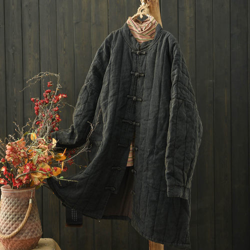 亚麻做旧盘扣夹棉中长棉服棉衣