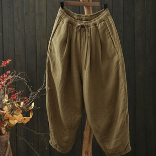 默念简约文艺系带褶皱斜纹棉夹棉保暖休闲裤长裤女冬季大码棉裤