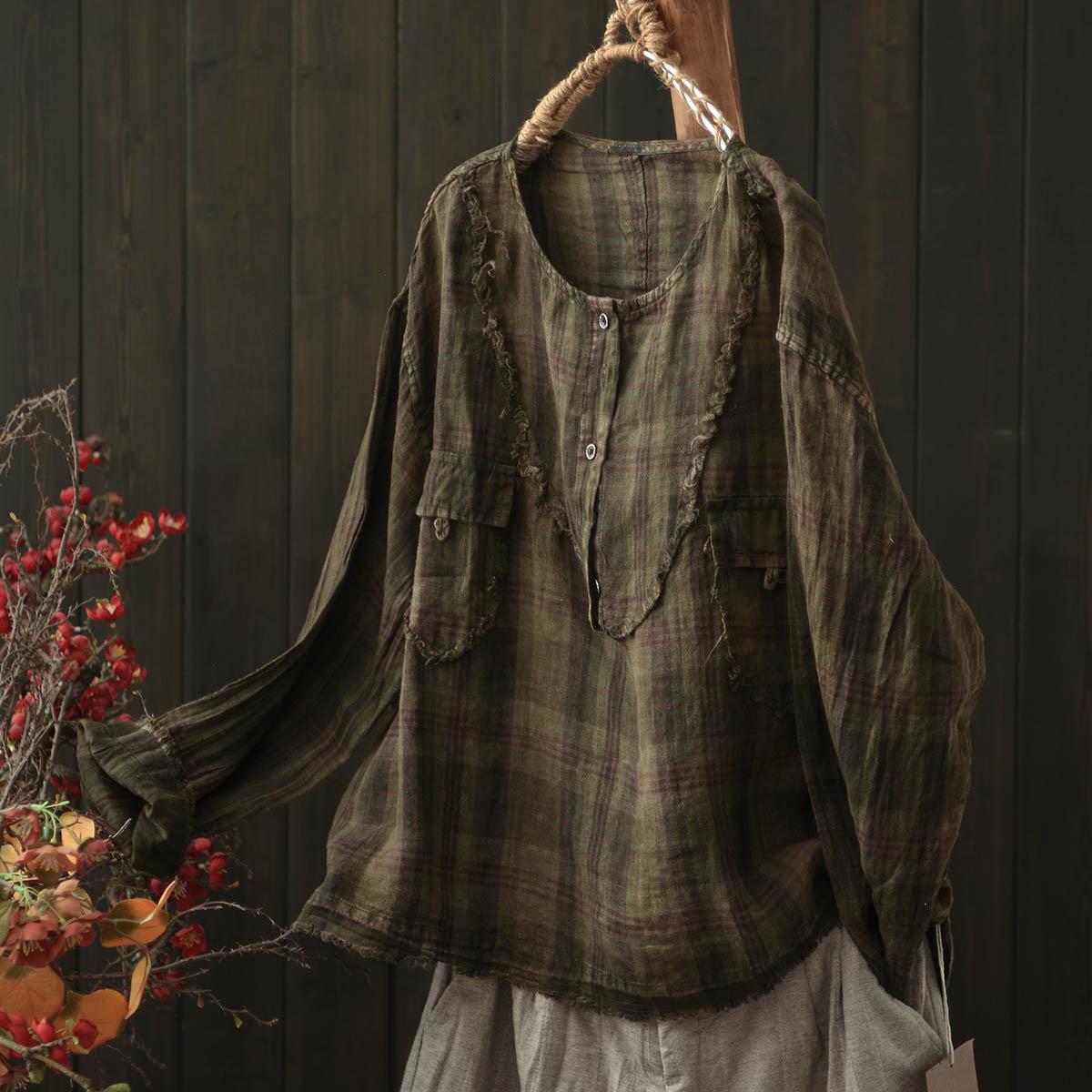 亚麻格子半开襟衬衫女长袖宽松秋