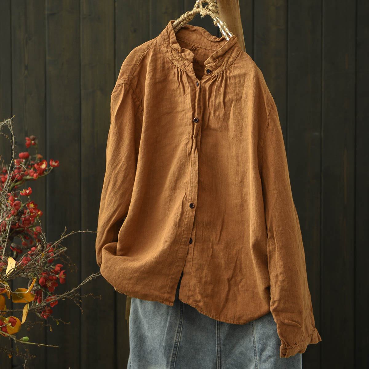 荷叶领亚麻做旧炒色系扣衬衫女秋