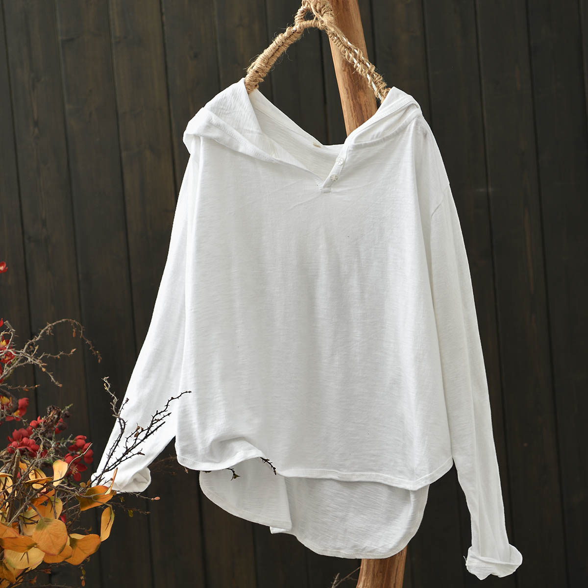 连帽竹节棉长袖打底衫T恤女秋季
