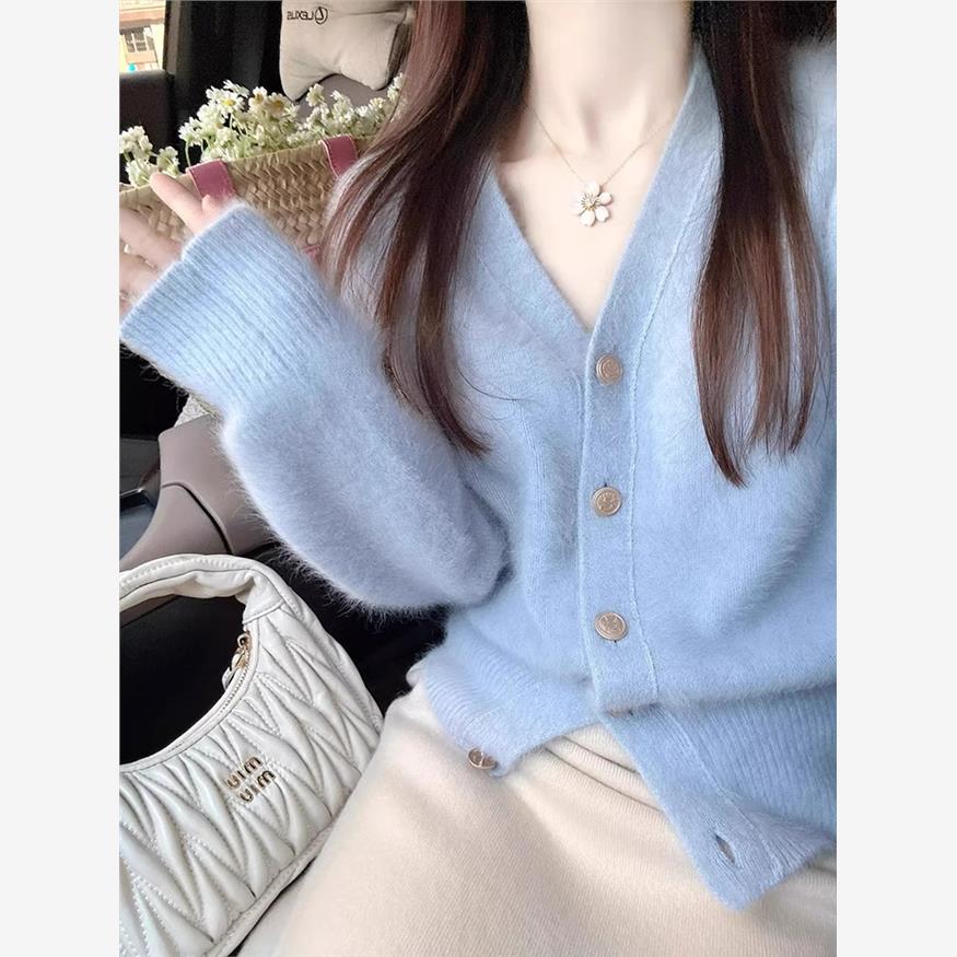 软糯蓝色仿水貂绒v领针织开衫女秋冬加厚小香风毛衣外套短款上衣