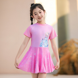 儿童泳衣女童2025新款 中大童沙滩防晒专业游泳衣 连体卡通公主裙式