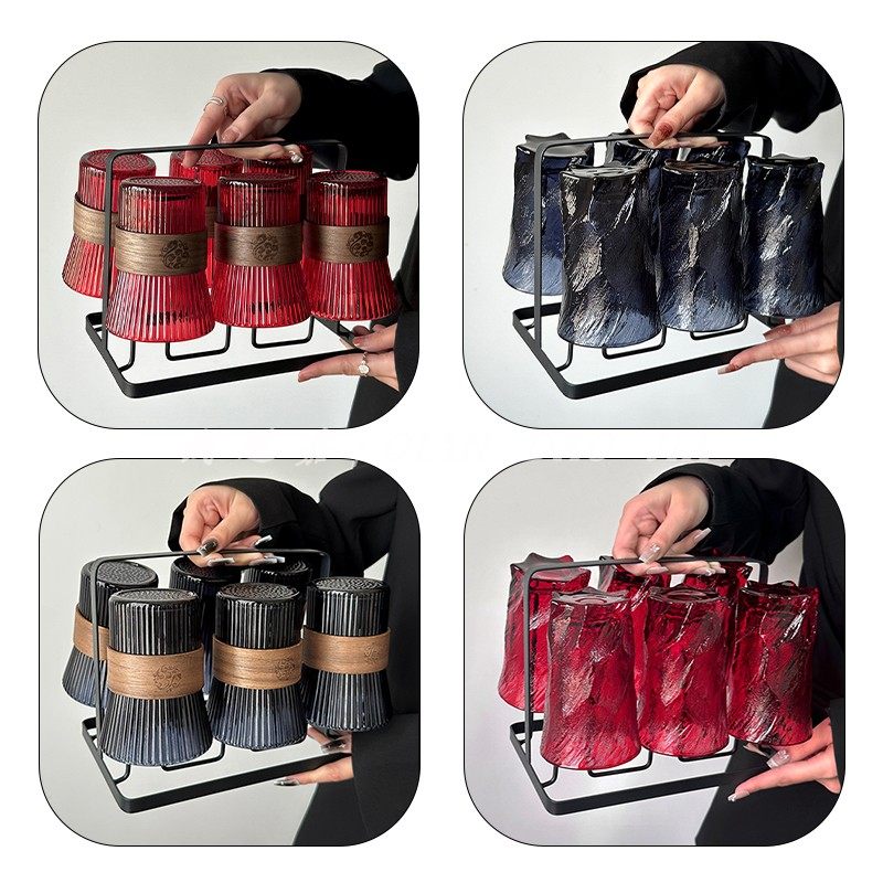 玻璃杯水杯套装耐高温冰川纹茶杯客厅待客啤酒杯带杯架高颜值合集