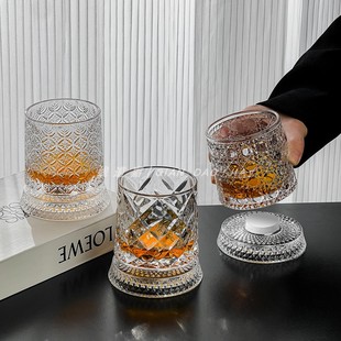 旋转水晶玻璃杯轻奢高档威士忌酒杯家用高级感不倒翁解压洋酒杯子