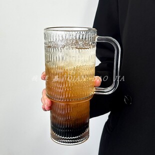 高颜值大容量带把手吸管杯玻璃杯女生高级感带盖办公室咖啡水杯子