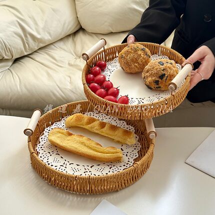 点心茶点水果篮零食盘仿藤编托盘家用客厅蛋糕面包竹编篮子干果盘