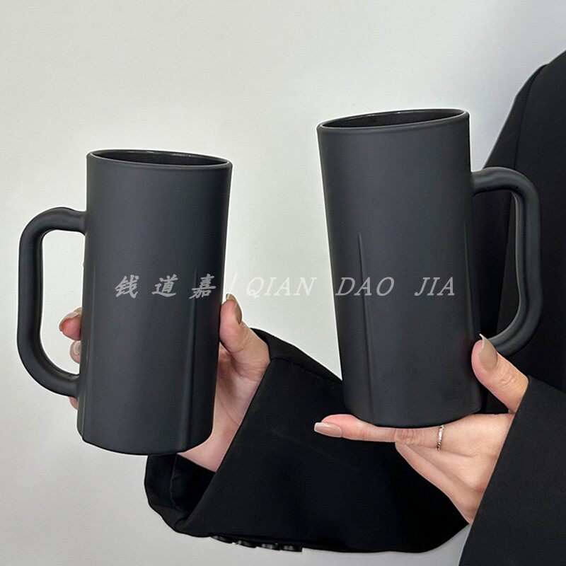 高级感曜黑带把直身玻璃水杯家用磨砂质感大容量喝水杯酒杯马克杯