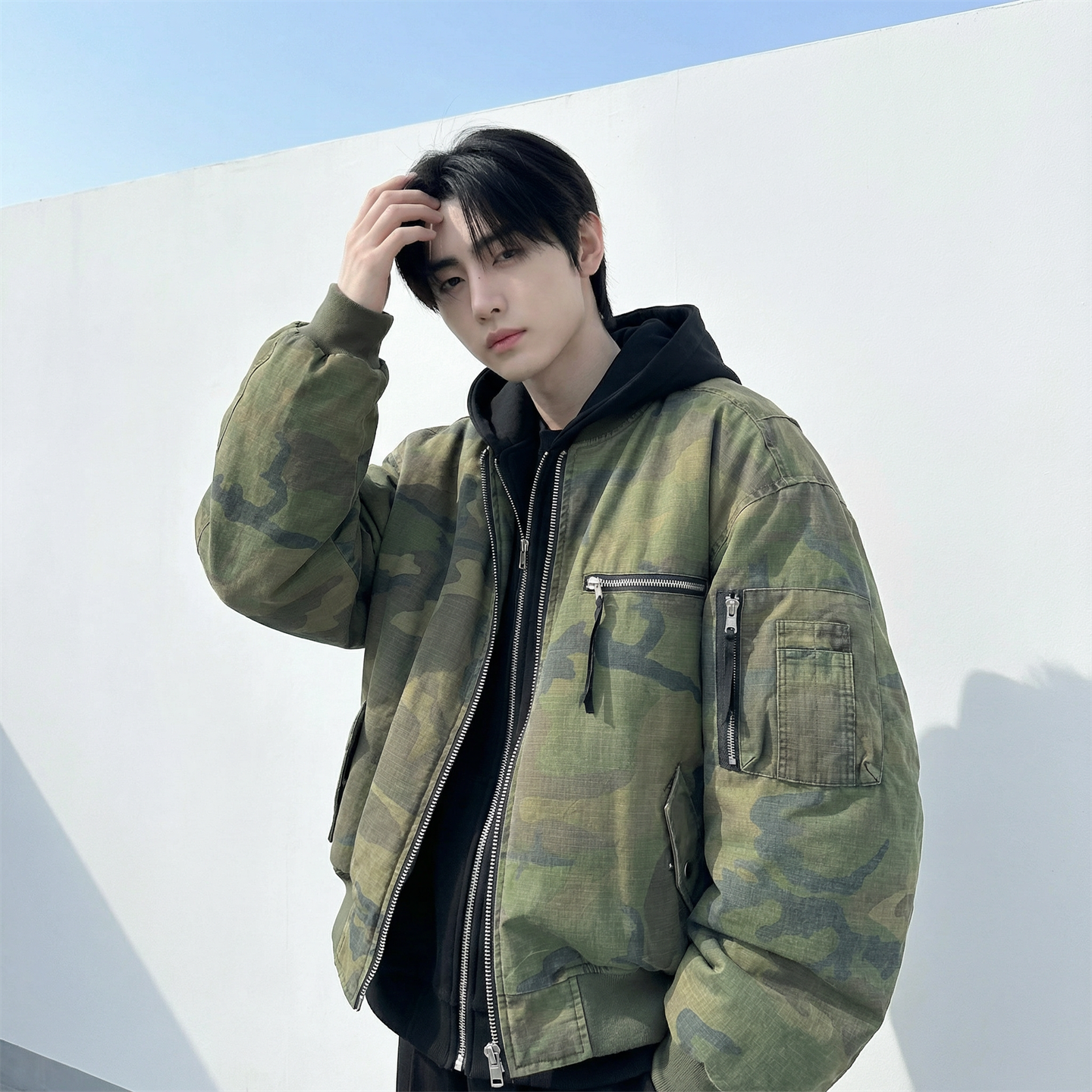 现货迷彩假两件棉服重磅水洗飞行服街头风外套M9881-P148，男装棉衣，星座1017