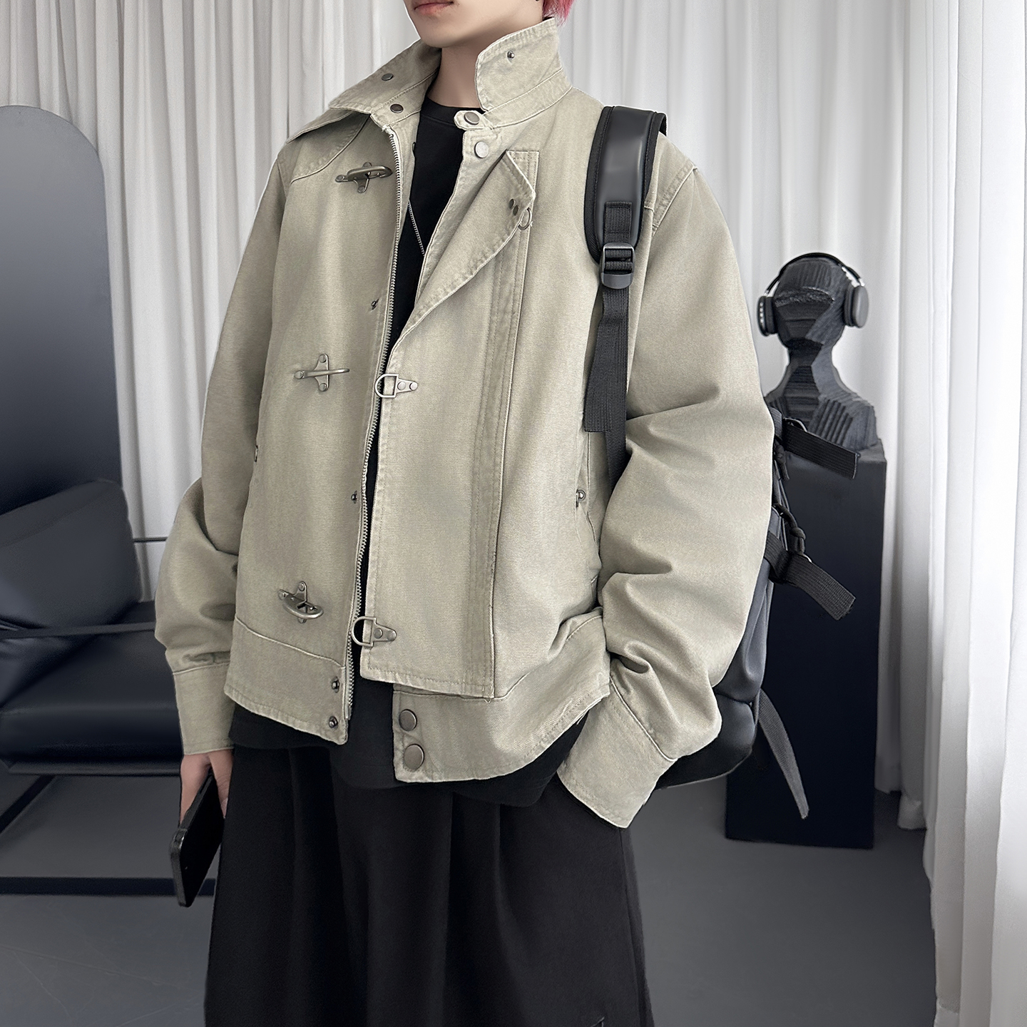 做旧飞机扣翻领夹克春秋季美式复古短宽工装外套R8740-P128，男装夹克，星座1017