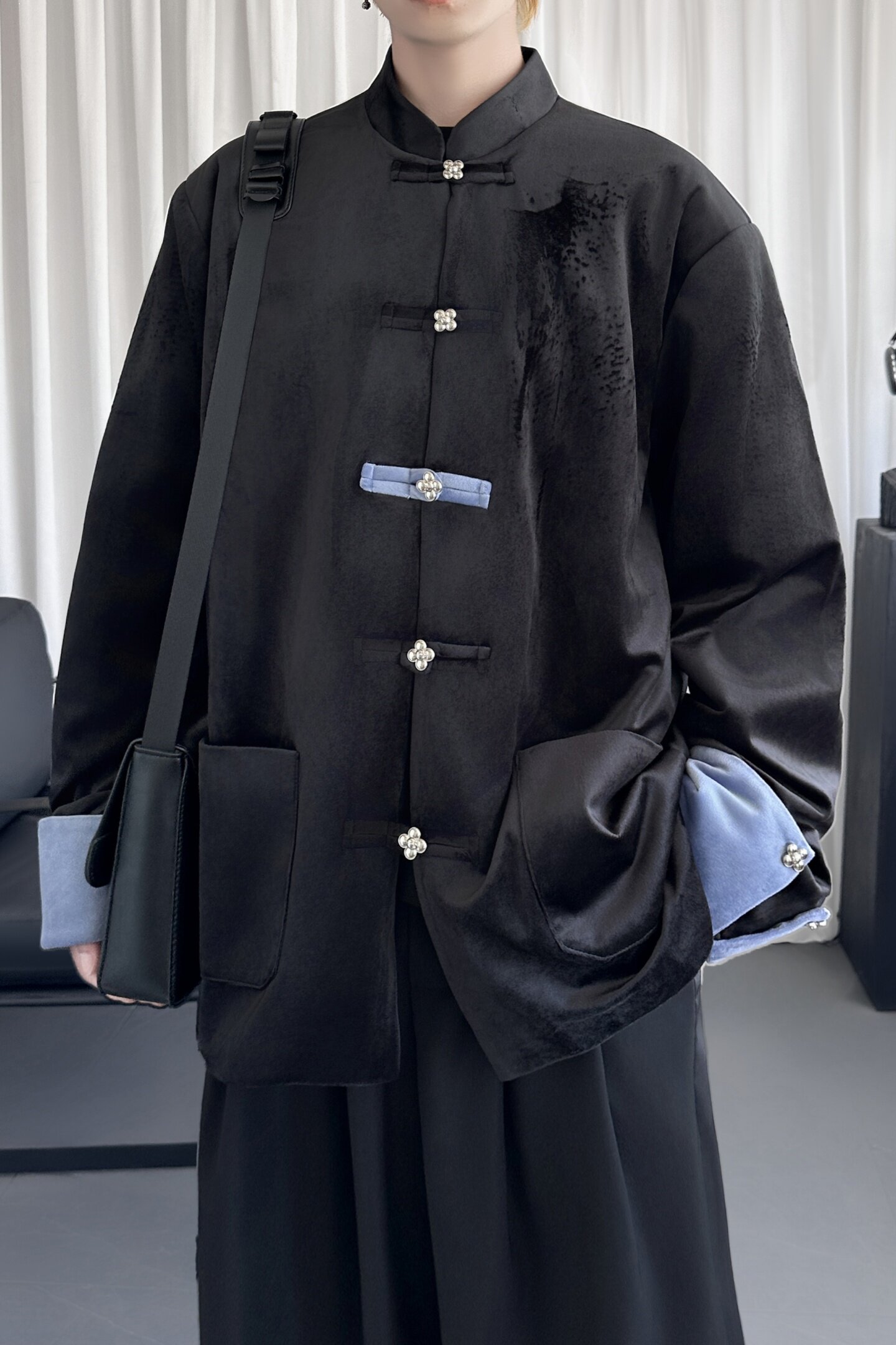 新中式黑色丝绒盘扣外套中山领休闲宽松西服外套男女Y9591-P98,男装西服,星座1017