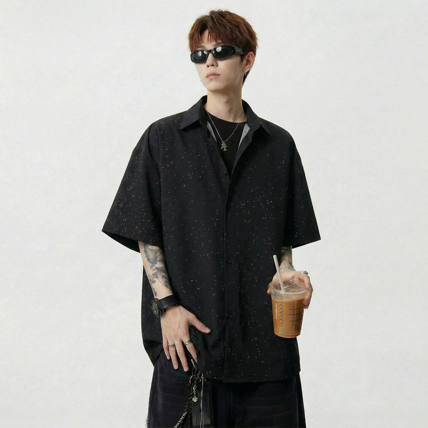 现货短袖休闲衬衫男痞帅七分袖衬衣bf港风 CS2609-P38