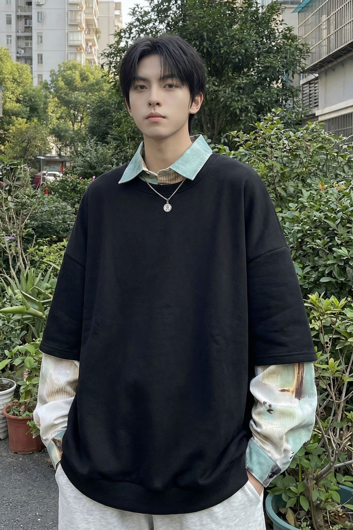 现货慵懒假两件衬衫领卫衣日系情侣碎花上衣A881-P65,男装衬衫,星座1017