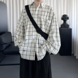 格子长袖衬衫外套男女夏宽松破洞潮翻领情侣休闲衬衣AS035-P78，男装衬衫，星座1017