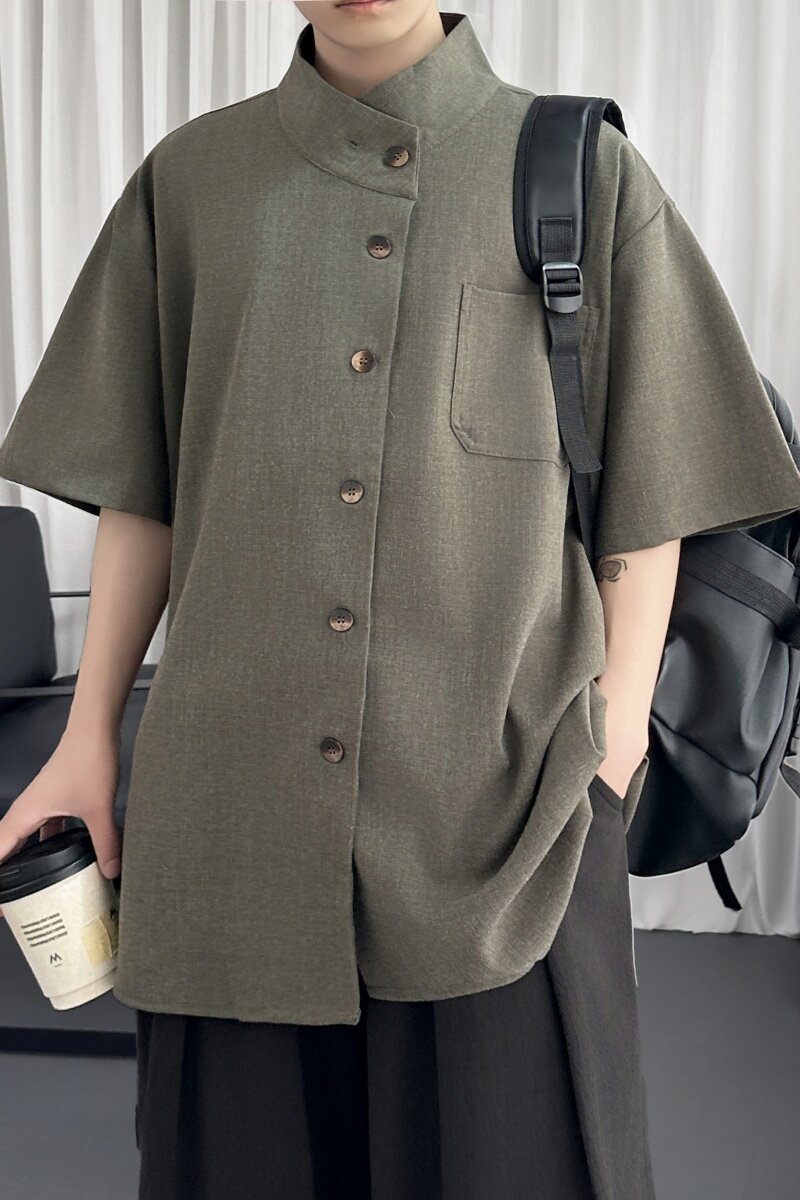 设计感复古斜门襟短袖衬衫交叉小立领宽松休闲上衣D926-P78,男装衬衫,星座1017