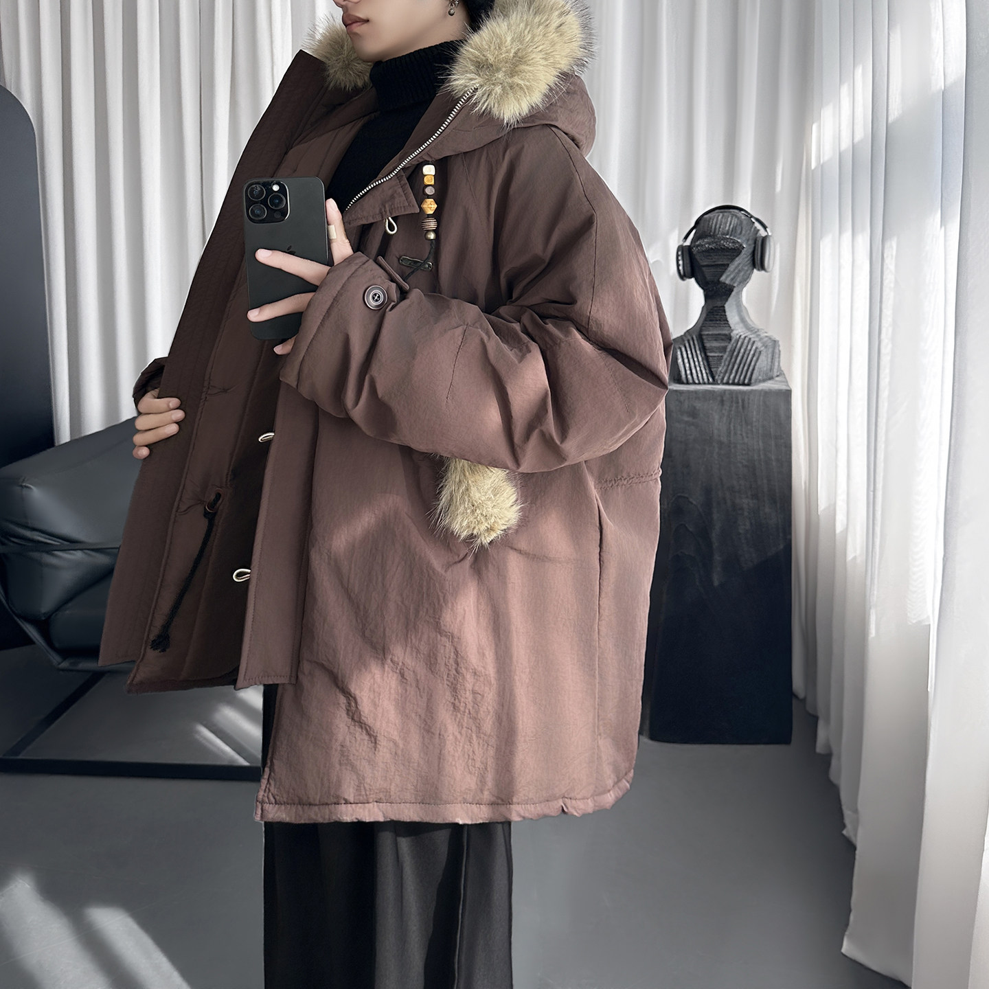 抗静电防泼水保暖座山雕毛领连帽派克棉服中长款M2733-P158,男装棉衣,星座1017