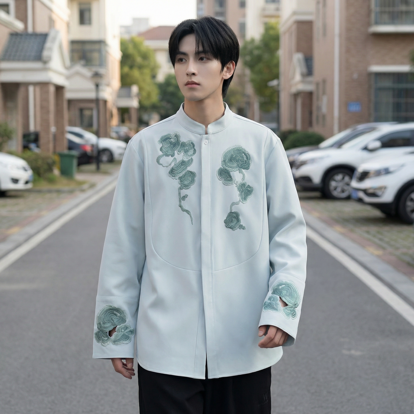 现货春款风灵芝刺绣宽松休闲立领长袖青灰色衬衣SA783-P88，男装衬衫，星座1017