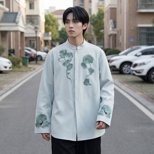现货春款风灵芝刺绣宽松休闲立领长袖青灰色衬衣 SA783-P88图片