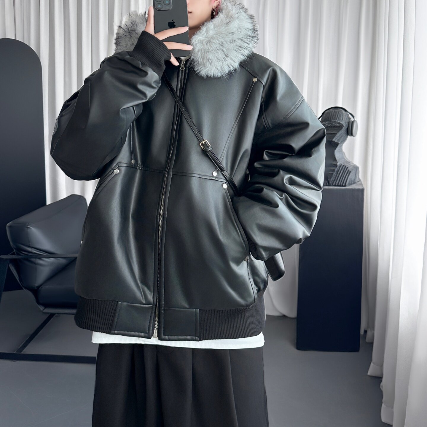 小众设计感可拆卸大毛领连帽PU皮外套休闲短款棉服潮M9212-P148,男装棉衣,星座1017