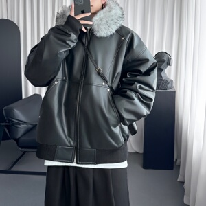 小众设计感可拆卸大毛领连帽PU皮外套休闲短款棉服潮 M9212-P148图片