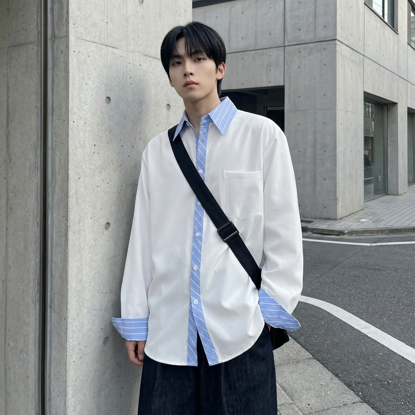 现货高级感小众设计拼接衬衫男痞帅纯色宽松潮流衬衣S1858-P68，男装衬衫，星座1017