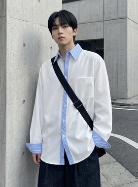 现货 高级感小众设计拼接衬衫男痞帅纯色宽松潮流衬衣 S1858-P68