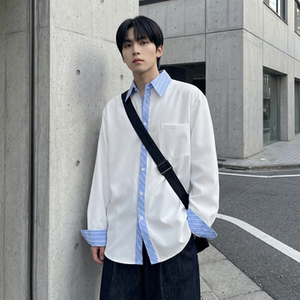 现货 高级感小众设计拼接衬衫男痞帅纯色宽松潮流衬衣 S1858-P68，男装衬衫，星座1017