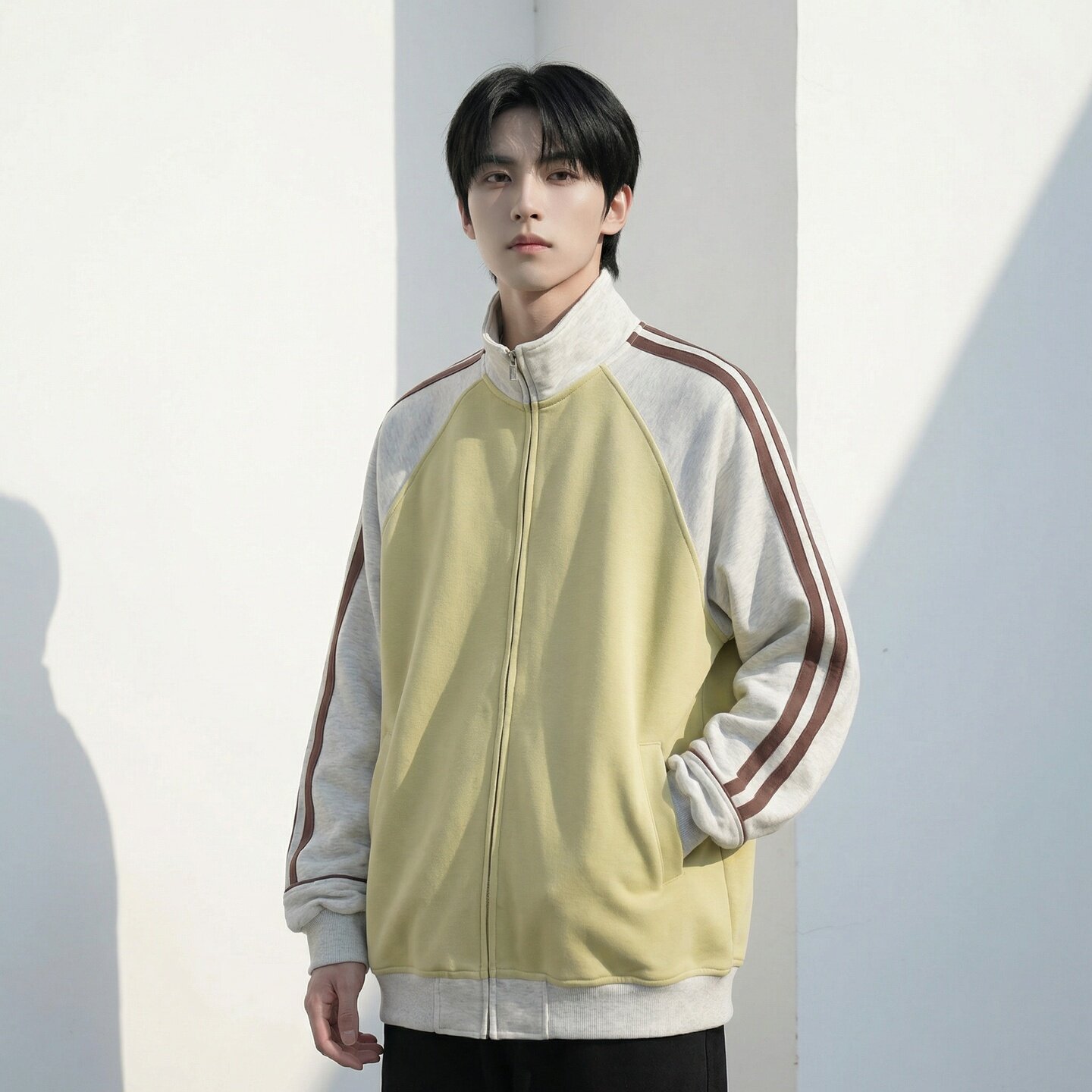 新款现货美式插肩袖立领男春季重磅开衫撞色条纹运卫衣CR711-P68，男装卫衣，星座1017