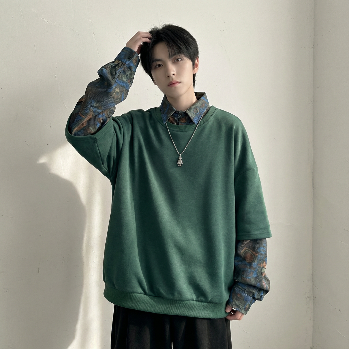 现货慵懒假两件衬衫领卫衣日系情侣碎花上衣A881-P65，男装衬衫，星座1017