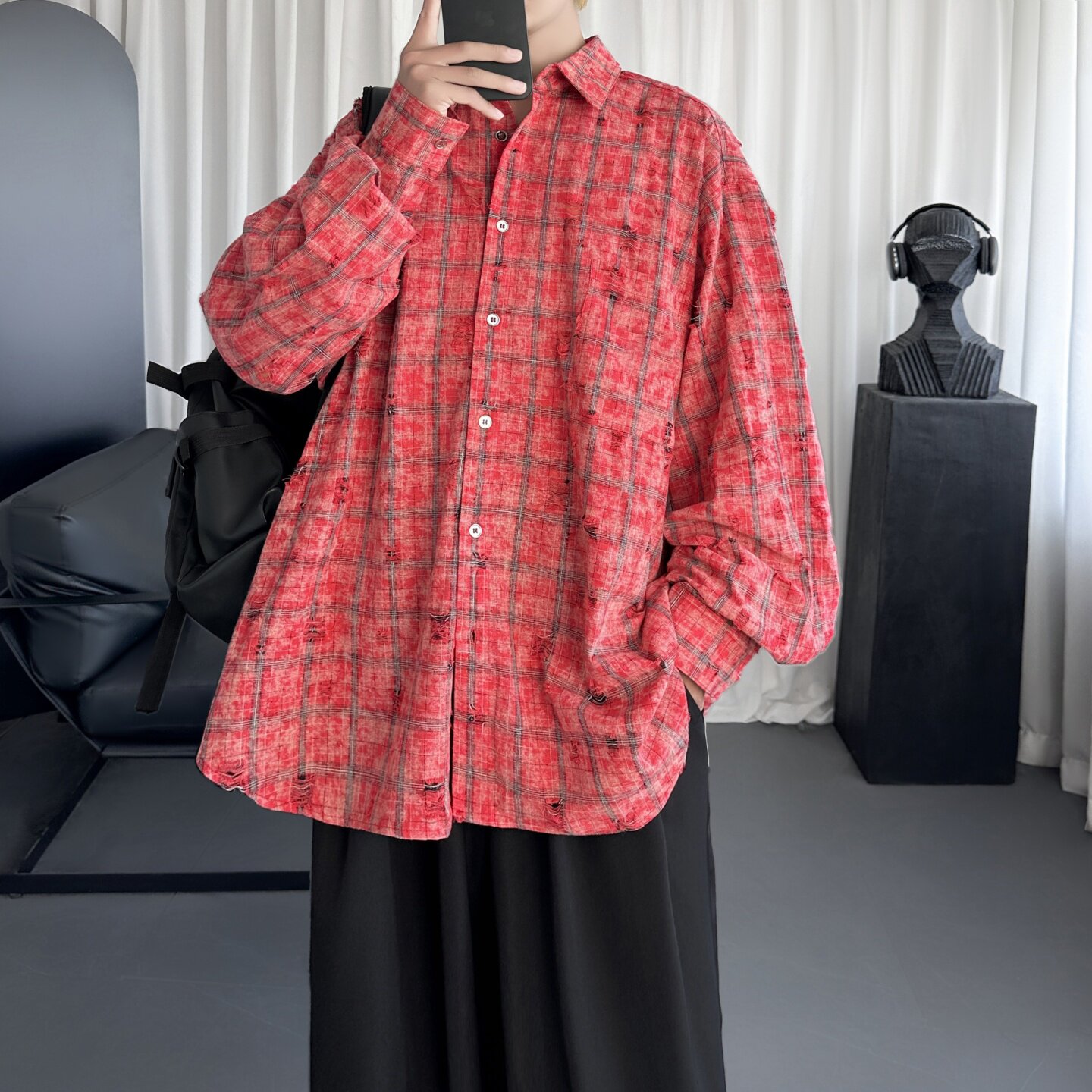 格子长袖衬衫外套男女夏宽松破洞潮翻领情侣休闲衬衣AS035-P78,男装衬衫,星座1017