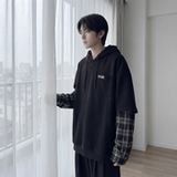 现货春季连帽卫衣男潮牌ins假两件拼接格子慵懒风W8212-P68，男装卫衣，星座1017