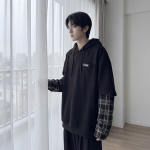 现货 春季连帽卫衣男潮牌ins假两件拼接格子慵懒风 W8212-P68图片