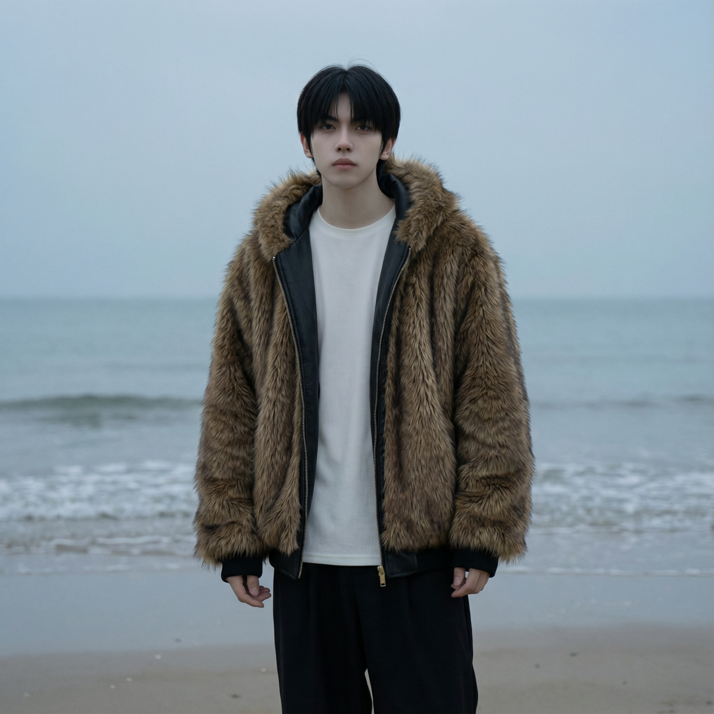 现货痞帅皮衣两面穿外套新款加厚PU皮毛一体机车外套M2483-P138，男装皮衣，星座1017