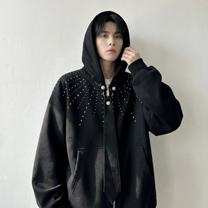 现货小众烫钻可拆卸领带设计连帽卫衣重磅宽松慵懒外套 W2056-P89，女装短外套，星座1017