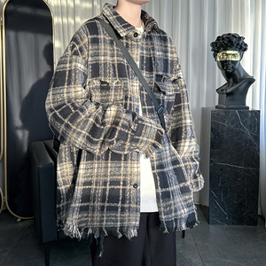 现货复古美式格子宽松毛边长袖衬衫 DS245-P58图片